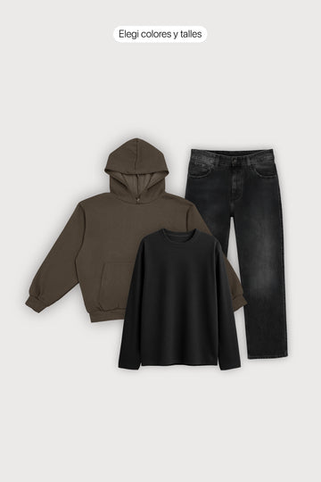 Canguro Boxy Frisado + Remera Manga Larga Hombre + Jean Straight Hombre