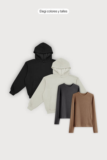 Canguro Boxy Frisado x 2 + Remera Ribb Manga Larga x 2