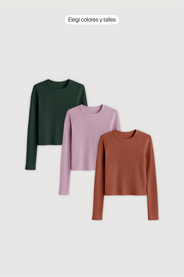 Remera Ribb Manga Larga Crop x 3