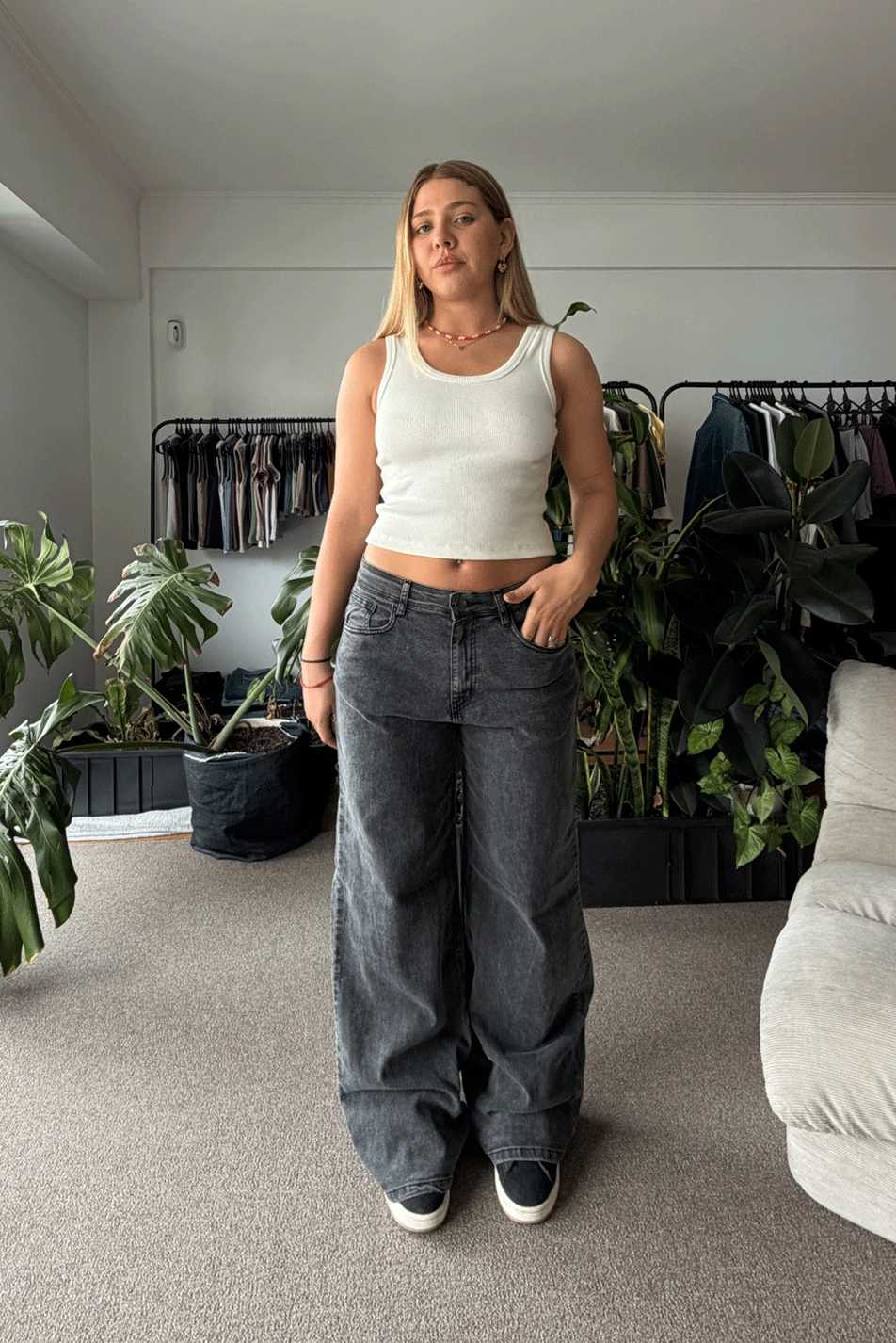 Polera Ribb + Jean Elastizado Wide Leg Old Black Mujer