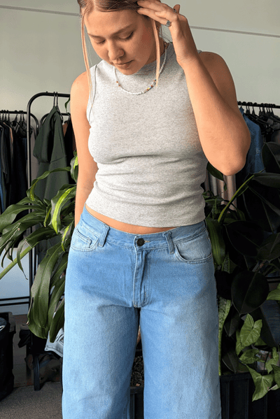 Top Ribb Midi + Jean Baggy Pale Blue Mujer