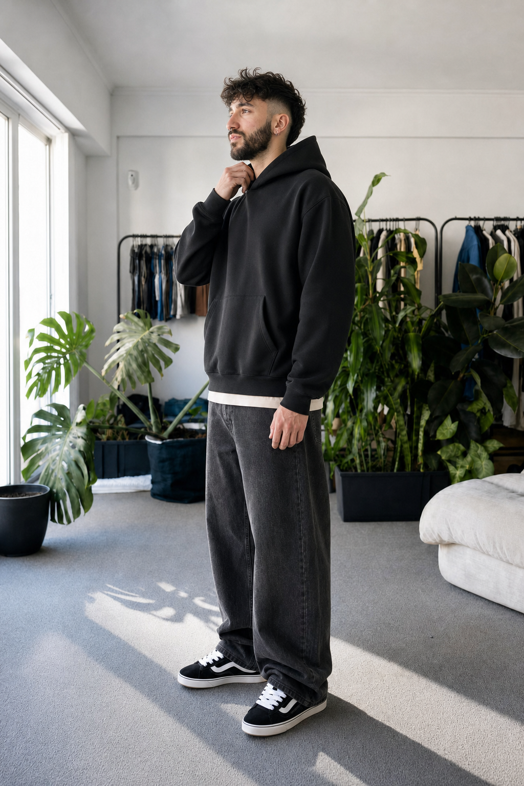 Hoodie Oversize Frisado + Remera Classic + Jean Baggy Old Black Hombre