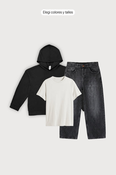 Hoodie Oversize Frisado + Remera Classic + Jean Baggy Old Black Hombre