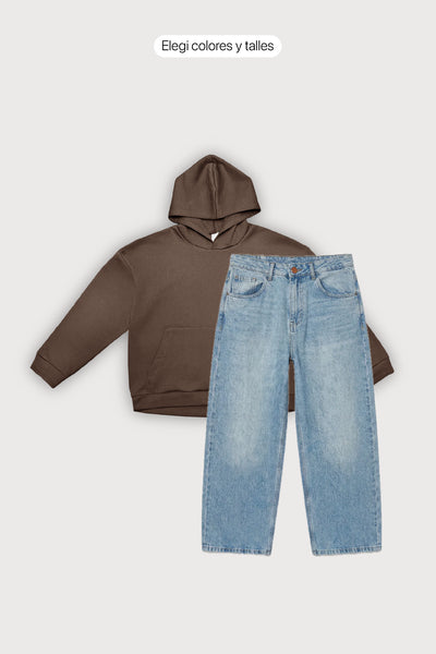 Canguro Oversize Frisado + Jean Baggy Light Blue Hombre
