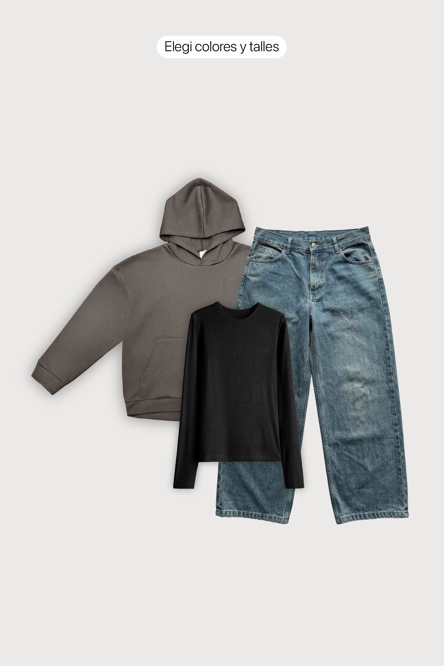 Canguro Oversize Frisado + Remera Ribb Manga Larga + Jean Baggy Oxido Blue Mujer