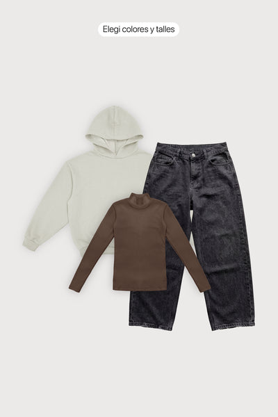 Hoodie Boxy Frisado + Polera Ribb + Jean Baggy Oxido Black Mujer