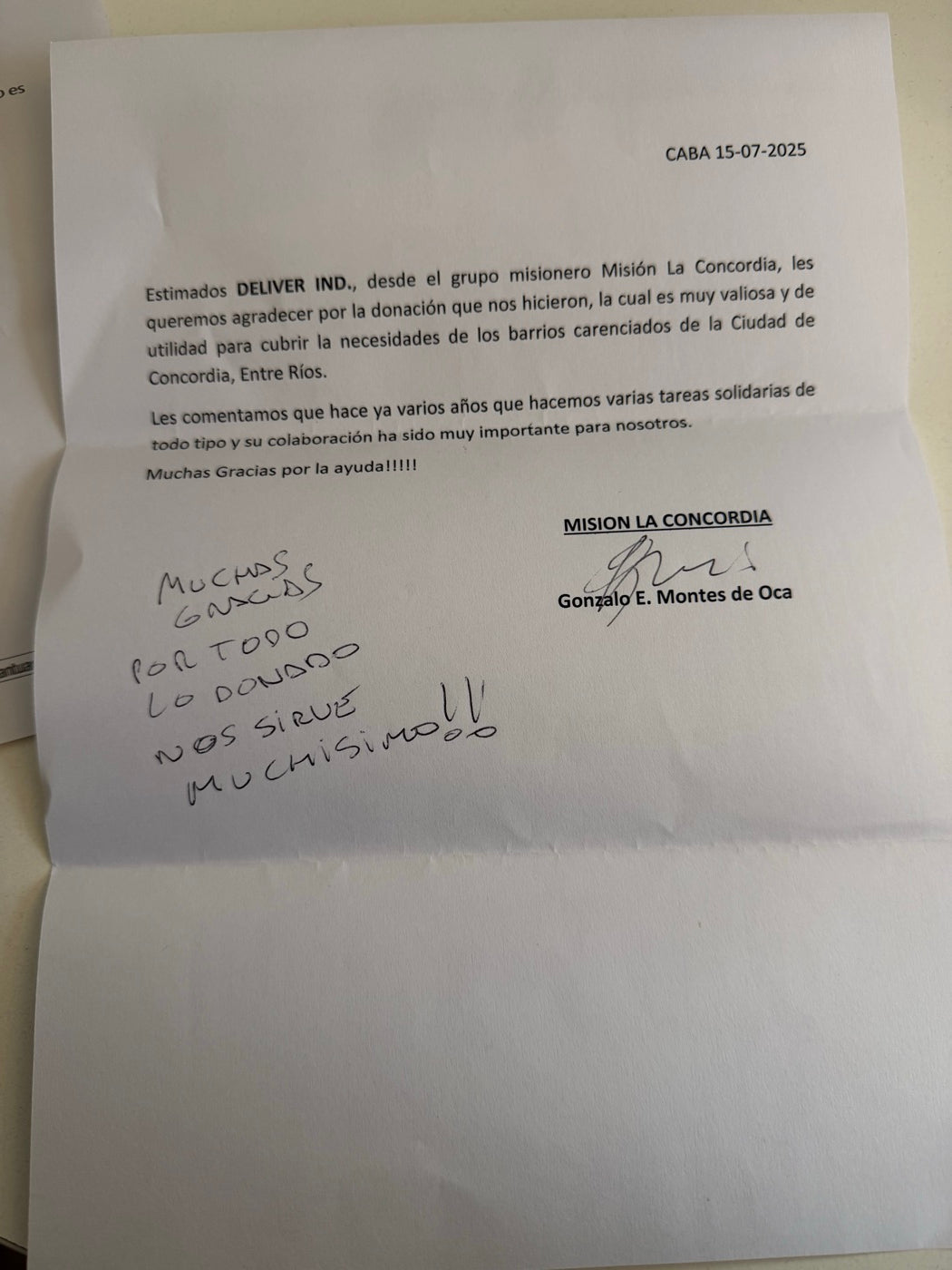 Carta de agradecimiento de Misión La Concordia por la donación de Deliver, julio de 2025