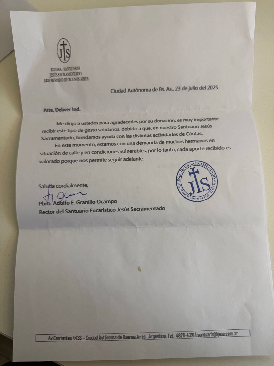 Carta de agradecimiento del Santuario Jesús Sacramentado por la donación de Deliver, julio de 2025